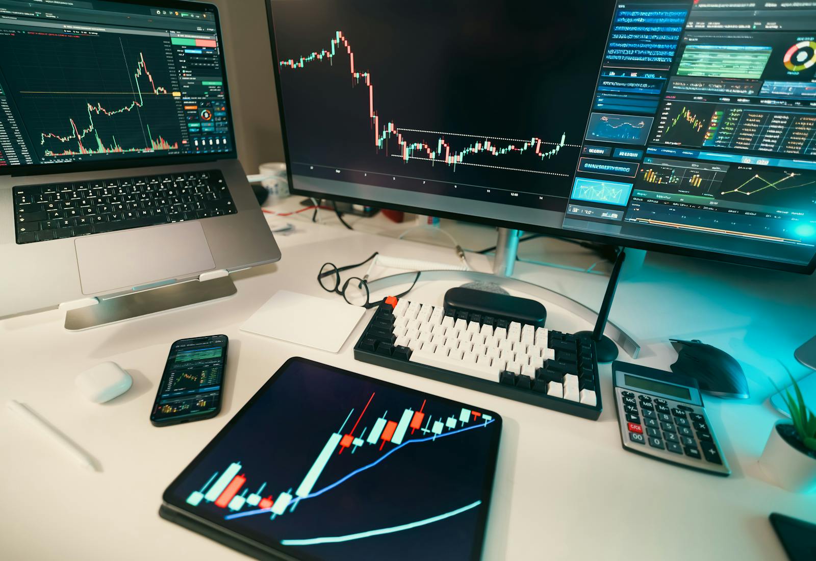 Trading desk with financial charts and market data screens